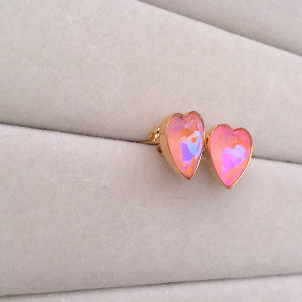 Rose Pink Aurora Borealis + Gold Crystal Heart Earrings - Picture 5 of 5